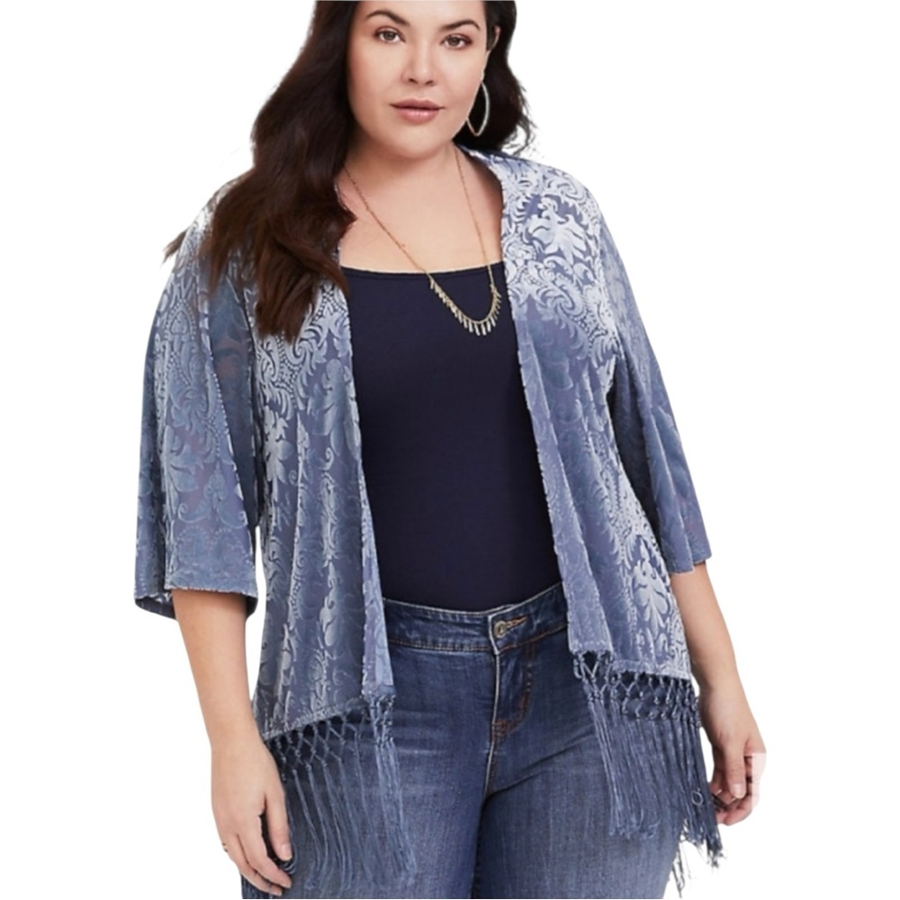 Torrid Gray Burnout Velvet Kimono Cardigan with Fringe Whimsigoth